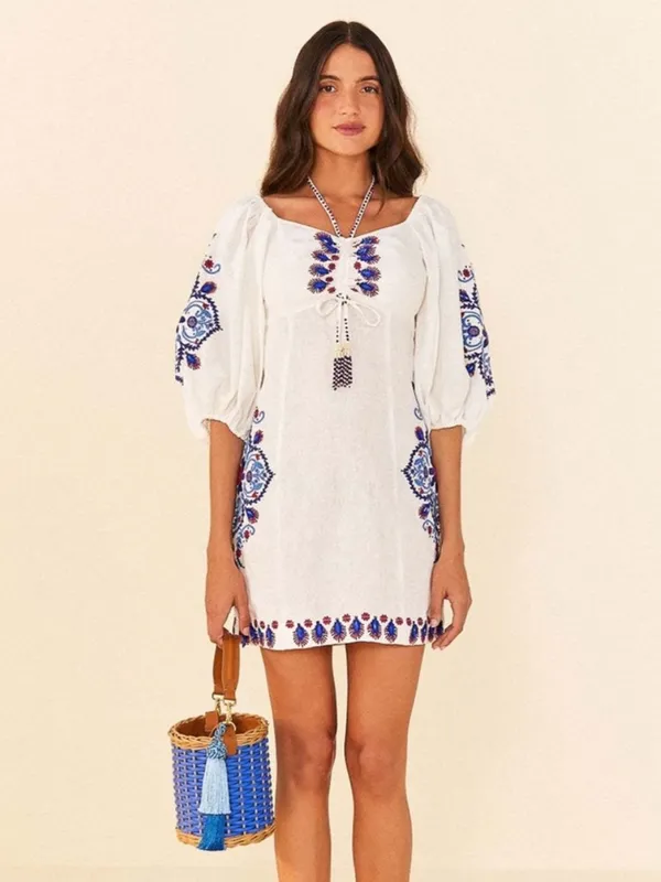 FARM Rio Off-White Navy Embroidery Mini Dress S - Image 5