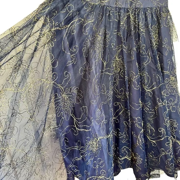 St. Gillian Navy Gold Embroidered Mesh Tiered Midi Skirt Size 6 - Image 6
