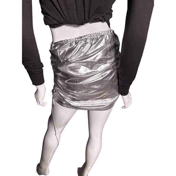 Silver Metallic Ruched Mini Skirt Medium Festival Rave Wear Liquid Shine Bodycon - Image 2