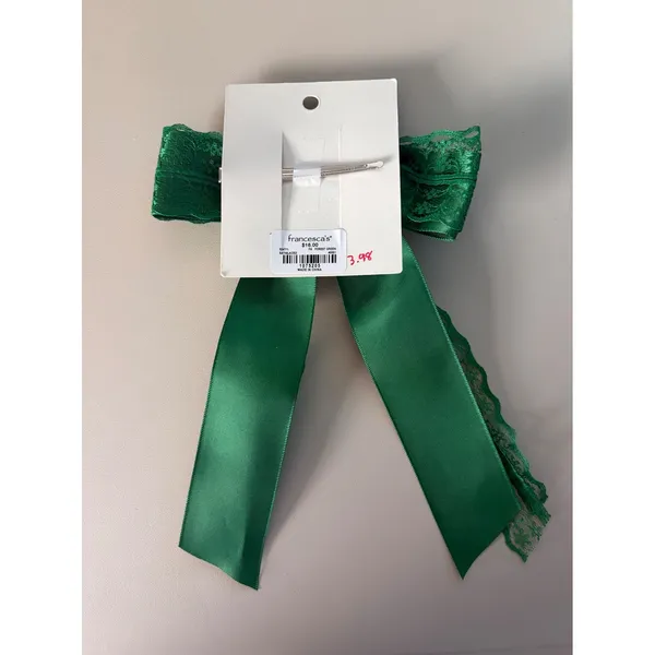 Francescas Forest Green Satin and Lace Oversized Hair Bow Clip Accessory - Image 3