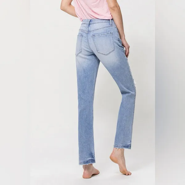 Vervet Blue Denim Distressed Knee High Rise Stretch Boyfriend Jeans Style V2744 - Image 2