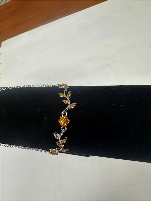 Silver Floral Bracelet with Bright Orange Crystal Accents - Image 7