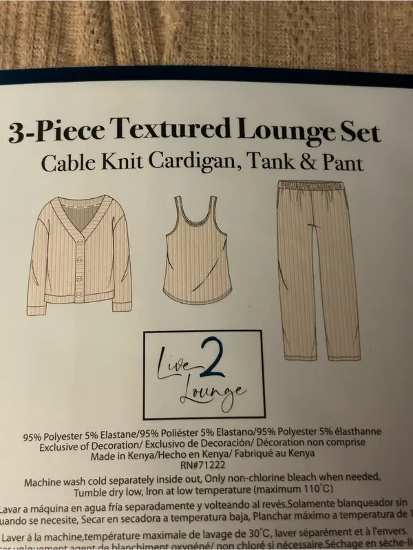 Live 2 Lounge 3-Piece Cable Knit Textured Lounge Set, Tan, Size XXL. NWT - Image 6