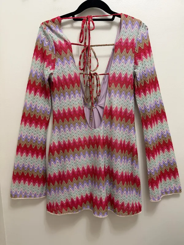 Show Me Your MuMu Monte Carlo Crochet Knit Romper Mini Dress in Riviera Zigzag M - Image 4