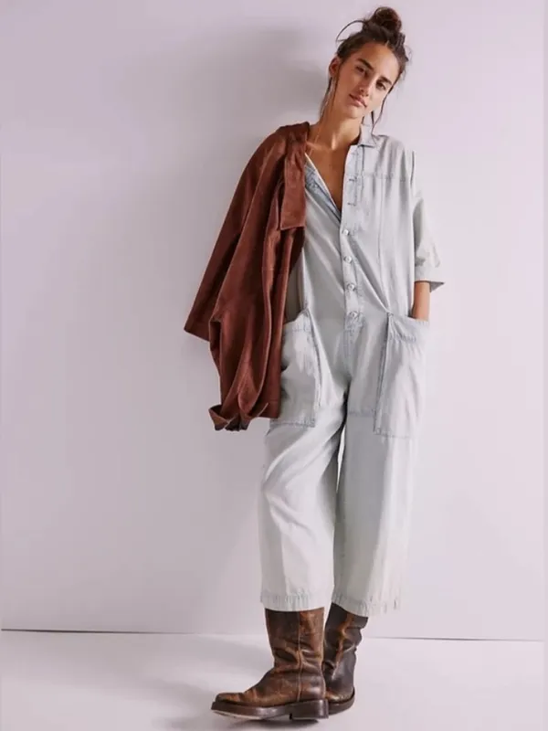 Free People We The Free Margarita Utility Jumpsuit in Light Blue Beam Size Small - Image 3