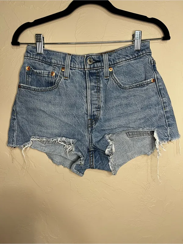 Levi’s 501 High Rise Distressed Raw Hem Button Fly Frstuval Cowgirl Denim Shorts - Image 2