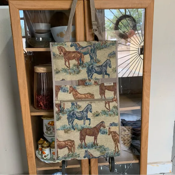 Jade Horse Print Tapestry Rolling Tote Bag Expandable Luggage Bag Folding Wheels - Image 2