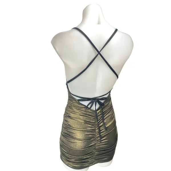 Lucy in the Sky Gold Metallic Shimmer Ruched Cami Camisole Mini Bodycon Dress XS - Image 2