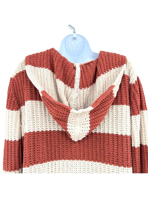 POL Striped Hooded Open Cardigan Sweater Rust Cream Size Small Cozy Boho - Image 8