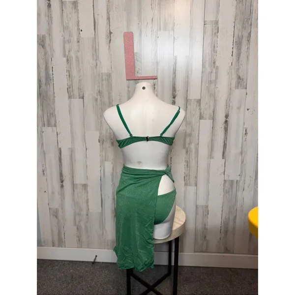 Green Sparkle 3-Piece Bikini Set Women’s Size L | Ruched Top + Bottoms + Sarong - Image 7