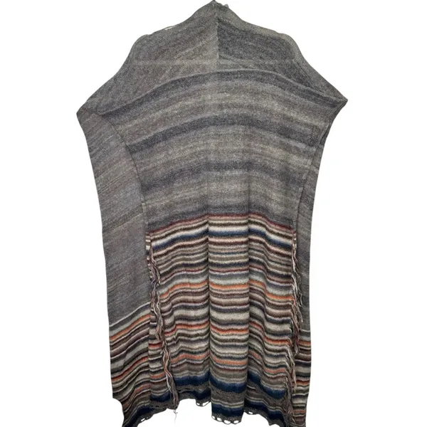 Free People Latitude 30 Wrap Poncho Shawl Rainbow Gray Fringe Sweater Stripe‎ - Image 4