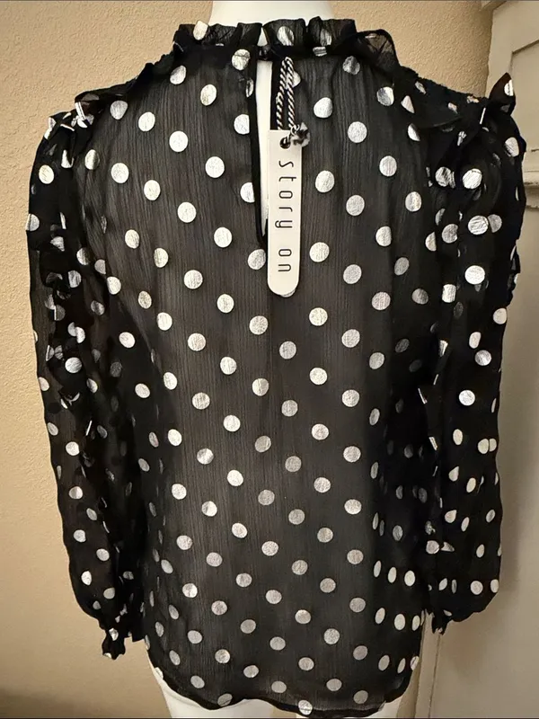 Black Polka Dot Sheer Long-Sleeve Blouse with Ruffled Neckline - Image 6