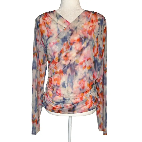 Anthropologie Mesh Crossover Long Sleeve Blouse Watercolor Large Semi‎ Sheer - Image 3