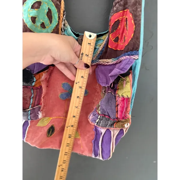 Rising International Patchwork Peace Sign Boho Crossbody Bag Nepal Cotton Multi - Image 7