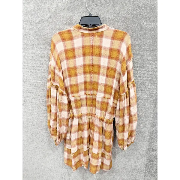 Free People Women Dress XS Brown Plaid Balloon Sleeve Mini Shirt Dress - Image 11