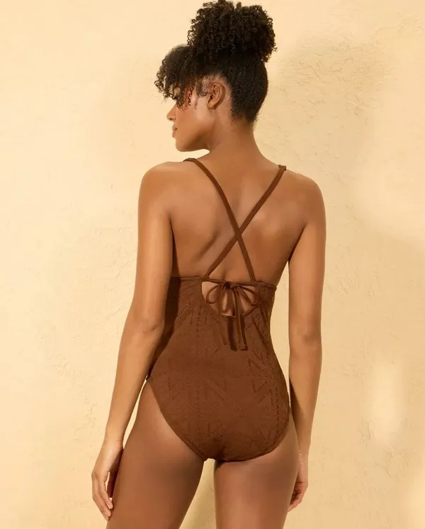 Women's Crochet Plunge High Leg Medium Coverage One Piece Swimsuit Shade & Shore Brown - Image 2