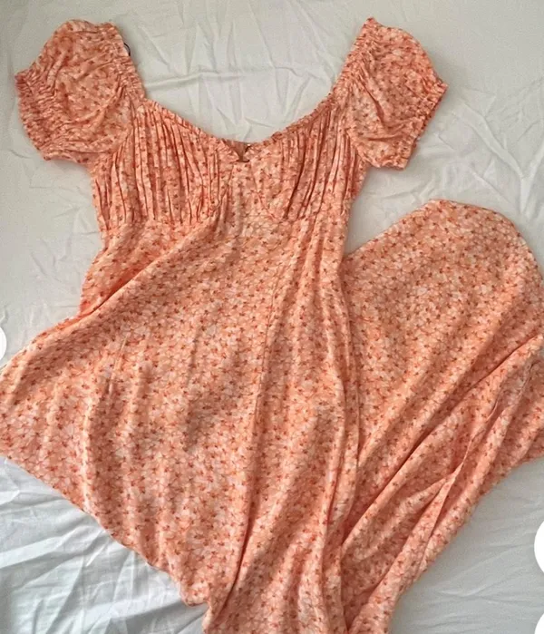 H&M Orange Floral Milkmaid Dress Puff Sleeve Midi - Image 5