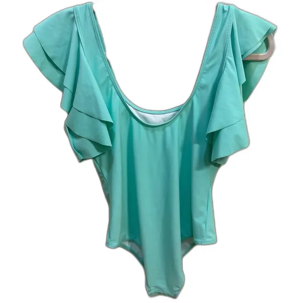 Teal One Piece Summer Ruffle Sleeve Padded Swimsuit Women's Size Medium - Image 2