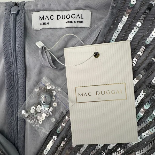 Mac Duggal Sequined Wrap Over Bishop Sleeve‎ Gown 4 Silver Formal Gala Wedding - Image 10