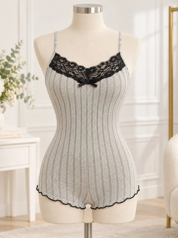 Khaki Gray Ribbed Lace Butterfly Back Lounge Romper NWT Size Small - Image 4