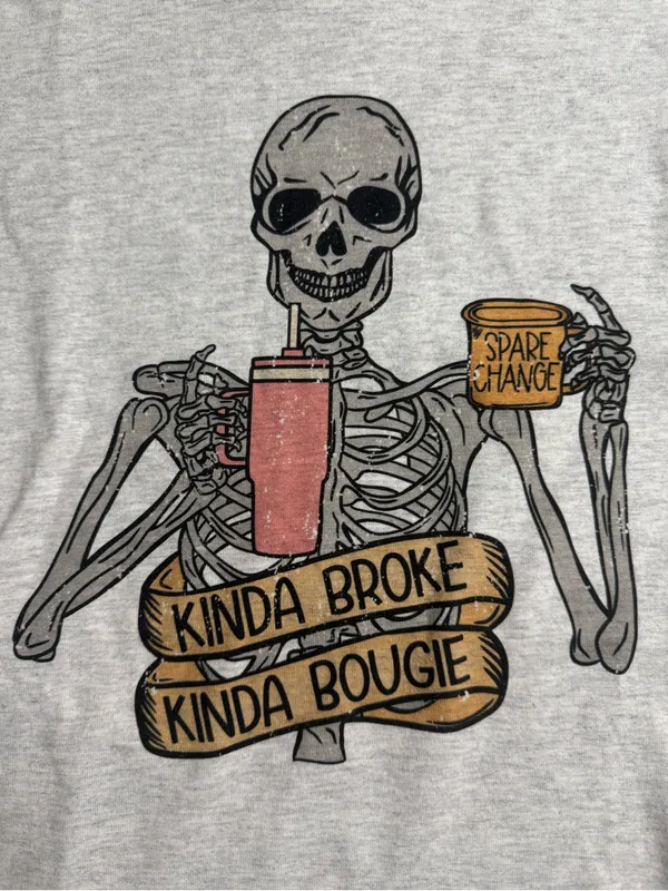 Gildan Light Gray Tee with Skeleton 'Kinda Broke Kinda Bougie' Graphic - Image 5