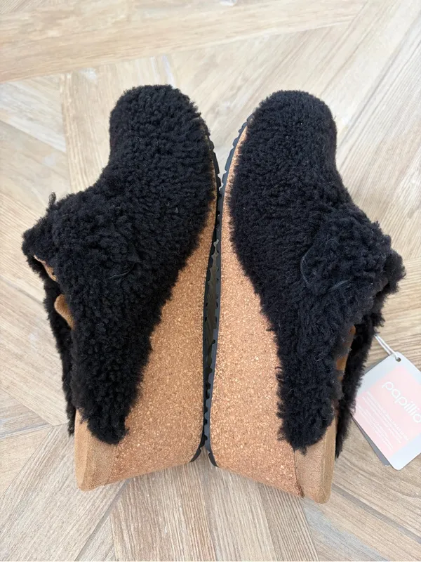 Papillio Birkenstock Fanny Teddy Shearling Clog Mule Wedge Black Size 39 US 8 - Image 4