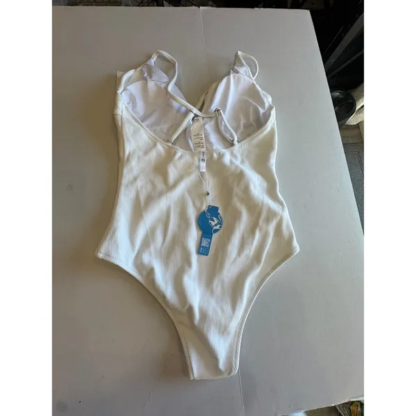 Cupshe Womens White Ribbed Ruffle V-Neck Halter One Piece Swimsuit Large NWT - Image 3