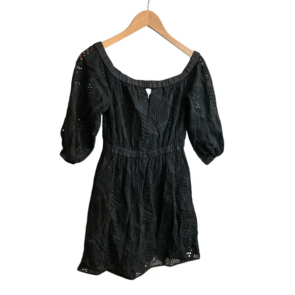 Milly Black Eyelet Cotton Mini Dress 3/4 Puff Sleeve Elastic Waist Pockets‎ P - Image 3