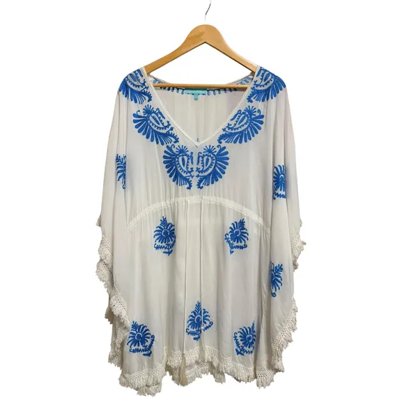 Melissa Odabash Irene Embroidered‎ Rayon Kaftan White Blue Fringe OS - Image 2