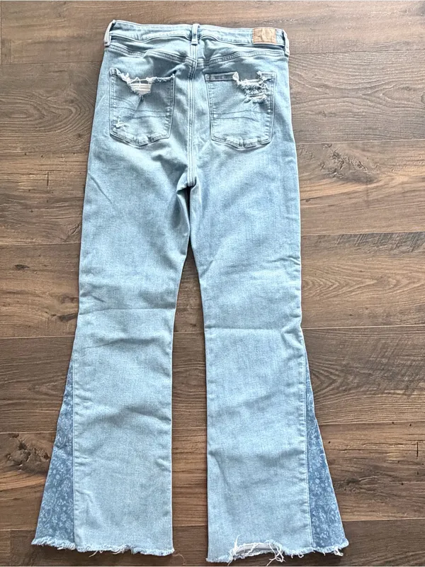 American Eagle Super Hi-Rise Flare Jeans Distressed Patchwork Size 10 Regular - Image 13