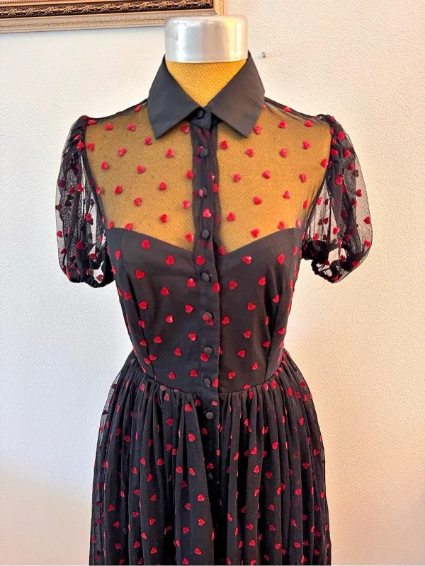 The Vintage Shop Black Red Heart Mesh Dress Size S/4 Retro Romantic - Image 3