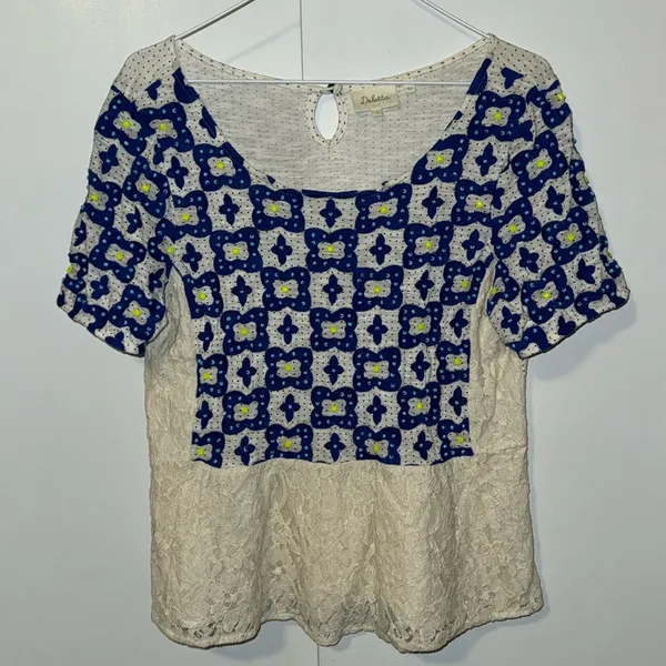 Anthropologie Deletta Beaded Lace Peplum Top Short Sleeve Shirt Blouse Women’s S - Image 3