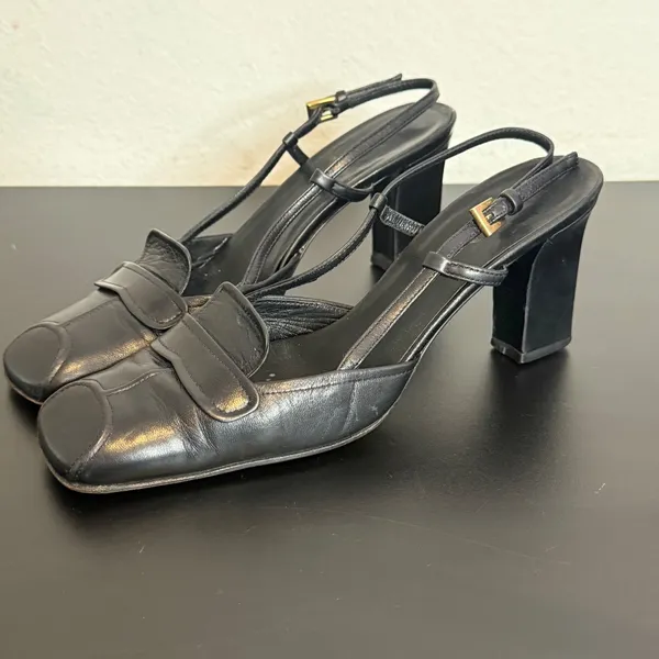 Vintage Prada Black Leather Square Toe Slingback Pump Size 35.5 Gold Buckle y2k - Image 5