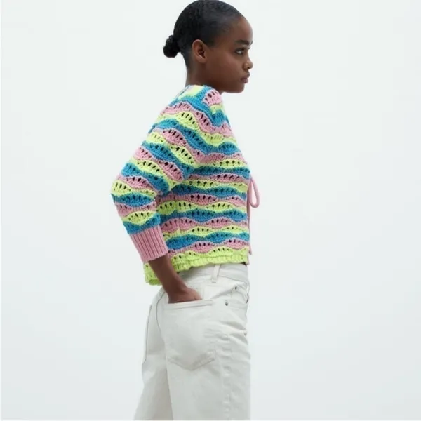 Zara Chunky Crochet Striped Front Tie Cardigan Retro Boxy Vibrant Y2K Sz M - Image 4