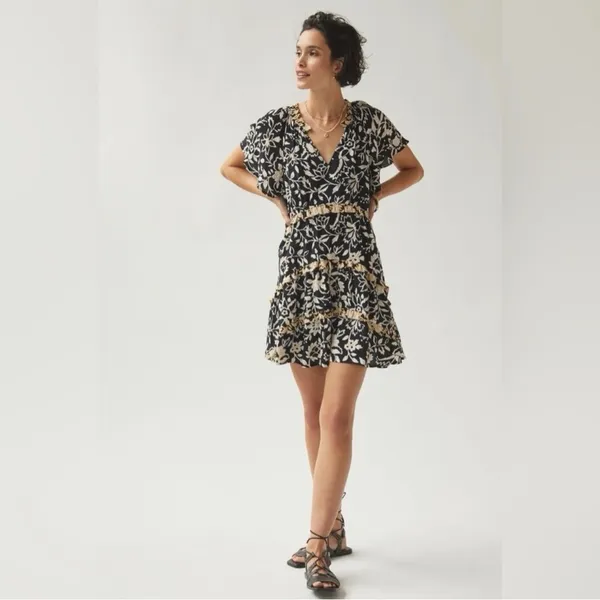 Anthropologie Black Floral Mini Dress with Beige Trim - Image 4