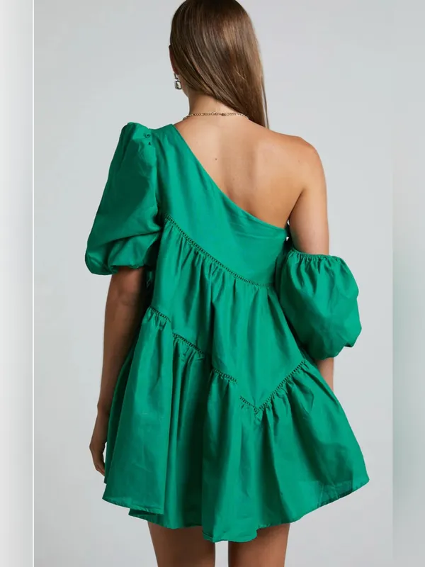 Showpo HARLEEN MINI DRESS Linen Asymmetrical Trim Puff Sleeve Dress In Green 10 - Image 3