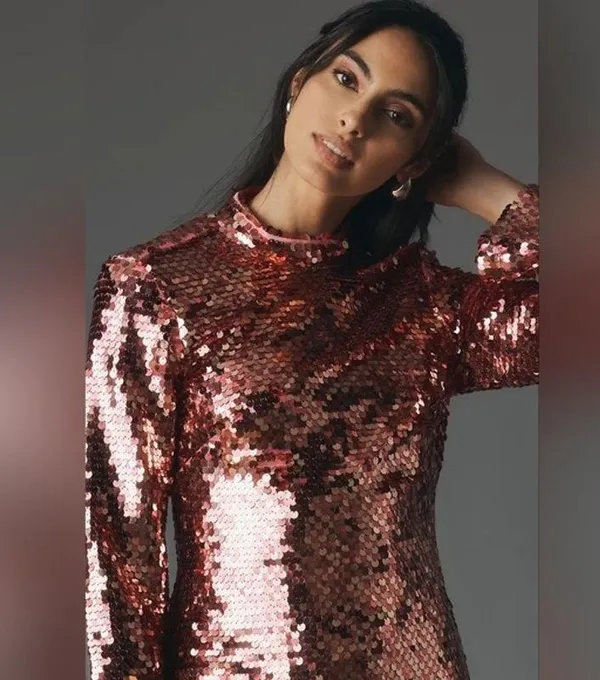 ANTHROPOLOGY MAEVE Pink Sequin Mock Neck Bell Sleeve Mini Dress NWT Size XS - Image 3