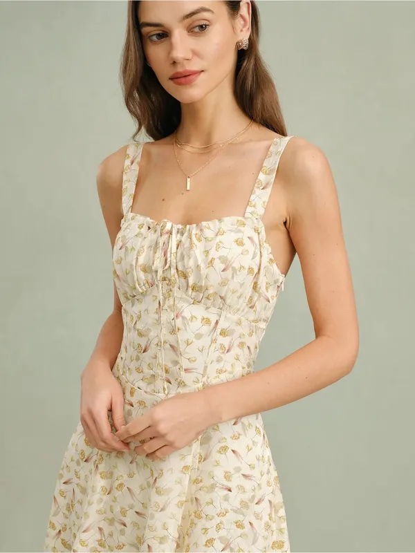 Rihoas Apricot Floral Zipper Slip Midi Dress - Image 3