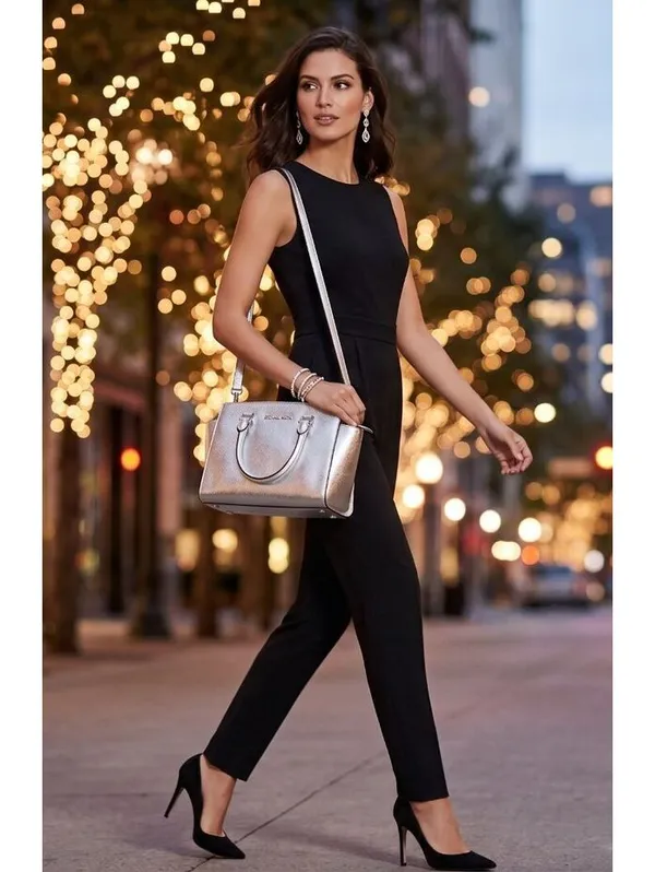 Michael Kors Selma Metallic Silver Leather Medium Satchel Crossbody Purse - Image 7
