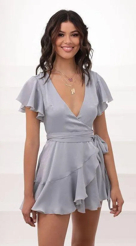 Lucy in the Sky Wrap Dress in Silver Blue Satin - Image 2