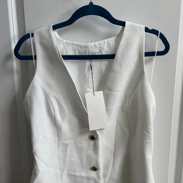 Zara Dress Women XL White Old Money‎ Pleated Mini Skirt V-Neck Waistcoat Vest - Image 4