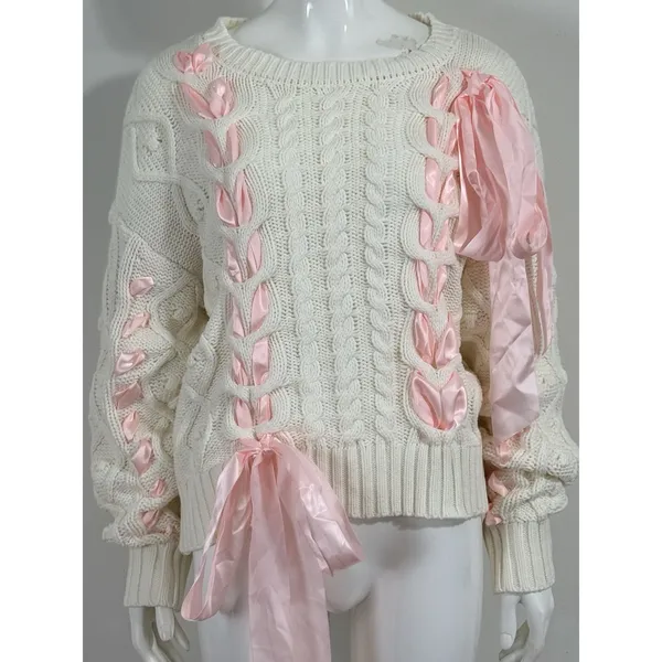 Women’s Ivory Chunky Cable Knit Sweater Pink Ribbon Bow Oversized Himekaji L - Image 5