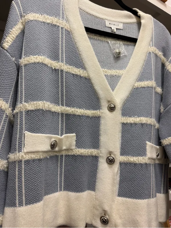 MABEL Cream-Trim Blue Striped V-Neck Cardigan - Image 3