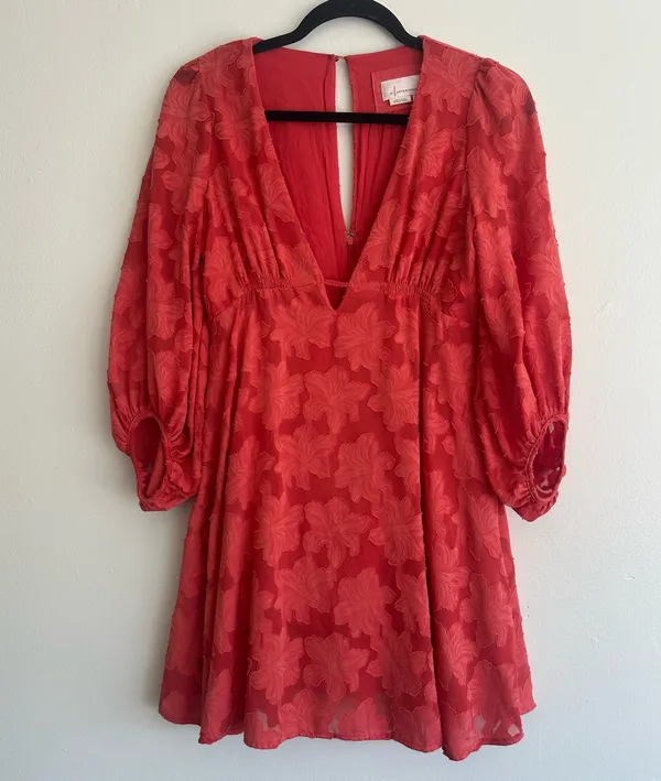 Anthropologie Jacquard Plunge Mini Dress Red Floral Textured Size 0 - Image 2