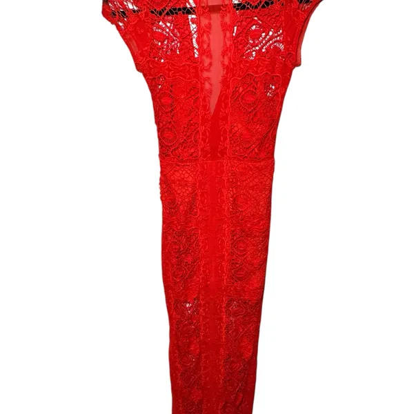 For‎ Love & Lemons Red Lace Maxi Dress Deep V-Neck High Slit XS - Image 2