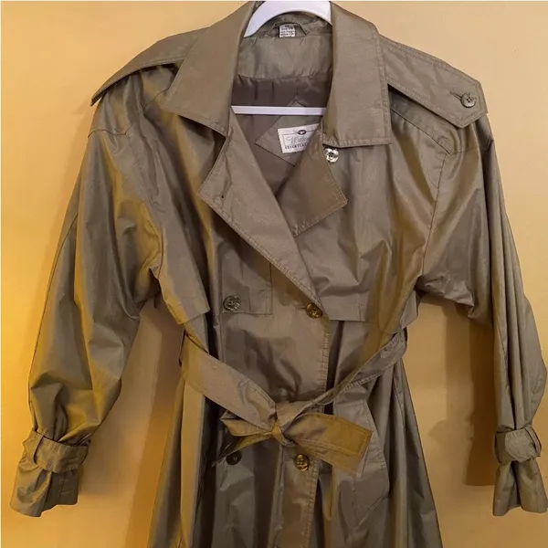 Worthington Essentials Womens 10P Olive Trench Coat Vintage Petite Raincoat Belt - Image 3