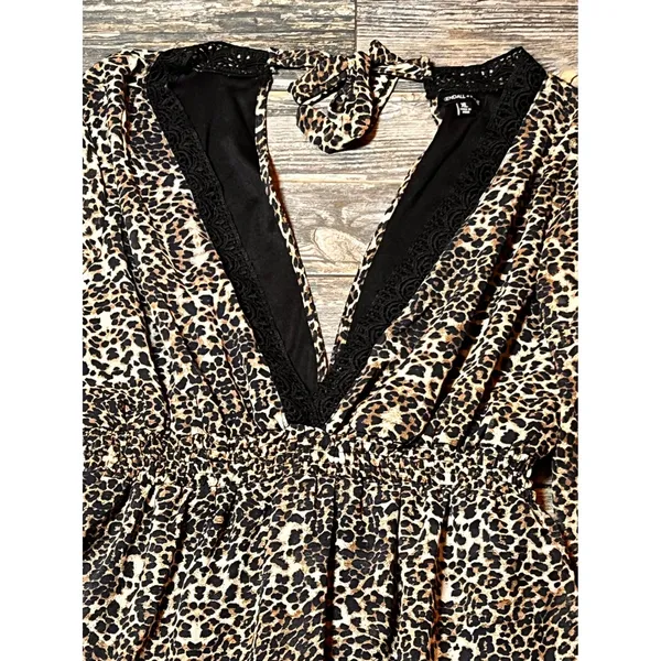 Kendall + Kylie Leopard Print Lace Trim Mini Dress XL Peasant‎ Boho V Neck Short - Image 5
