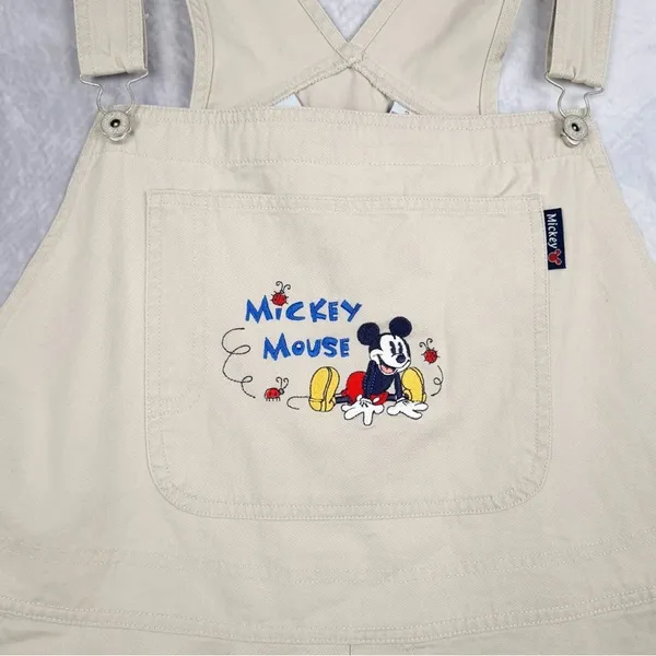Disney Vintage Y2K Mickey Mouse Embroidered tan shorts Overalls bibs 22 - Image 5