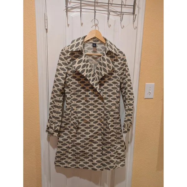 GAP Trench Coat, Geo Print, Ivory, Black & Tan, Sz: XS No Belt - Image 4