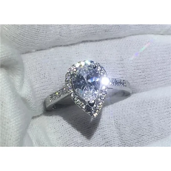 3ct Pear Halo‎ Ring | Rhodium Plated 925 Sterling Silver - Image 13